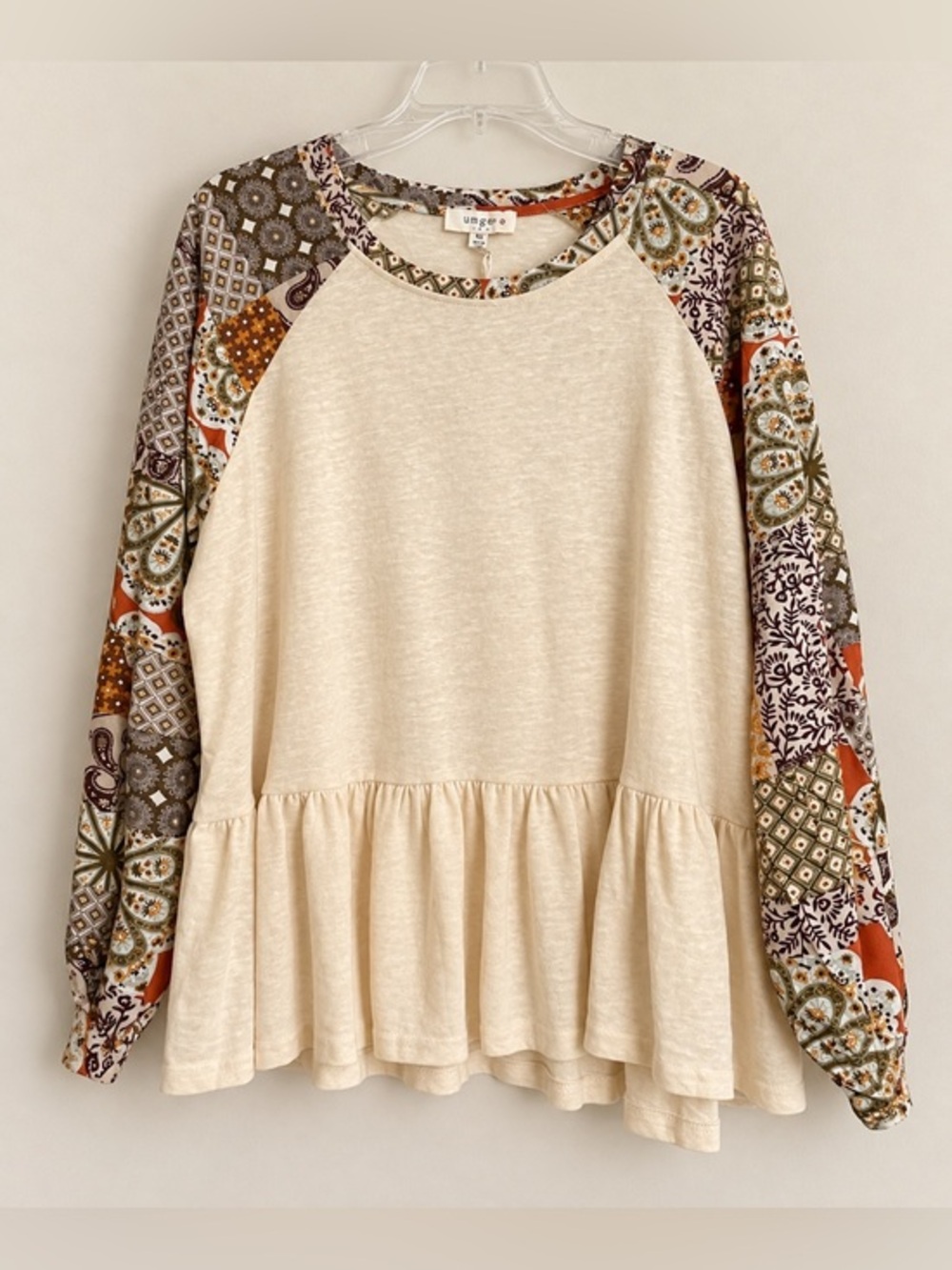Ivory Paisley Patchwork Print Long Sleeves Babydoll Top Boho NWT 1X #2358